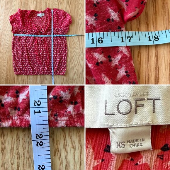 Ann Taylor Loft Blouse Size XS Red Print Birds Tie Neck Textured Romance Top - Picture 10 of 13